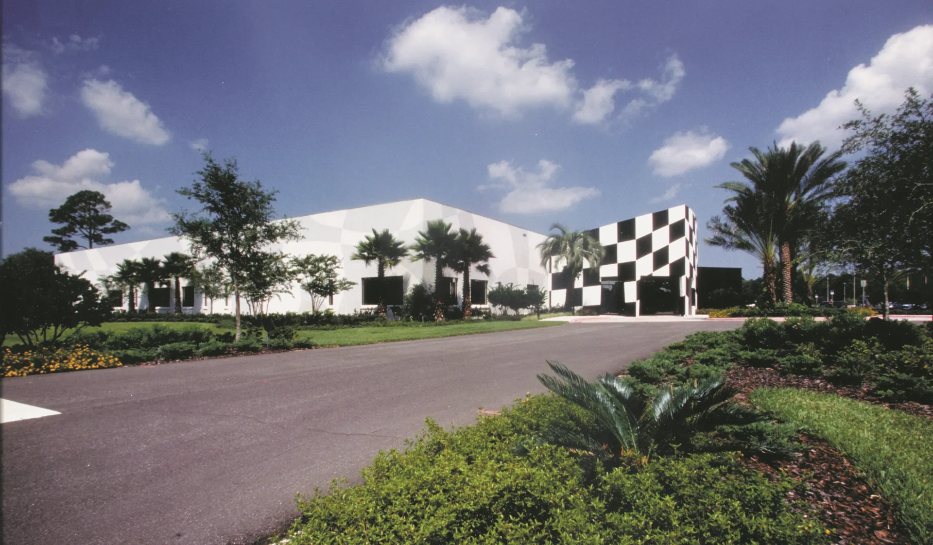 NASCAR office building at Daytona International Speedway with checkered facade