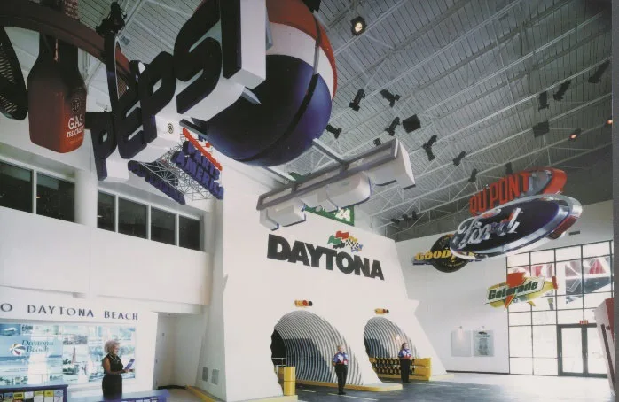 Daytona USA exhibit interior with suspended stock cars