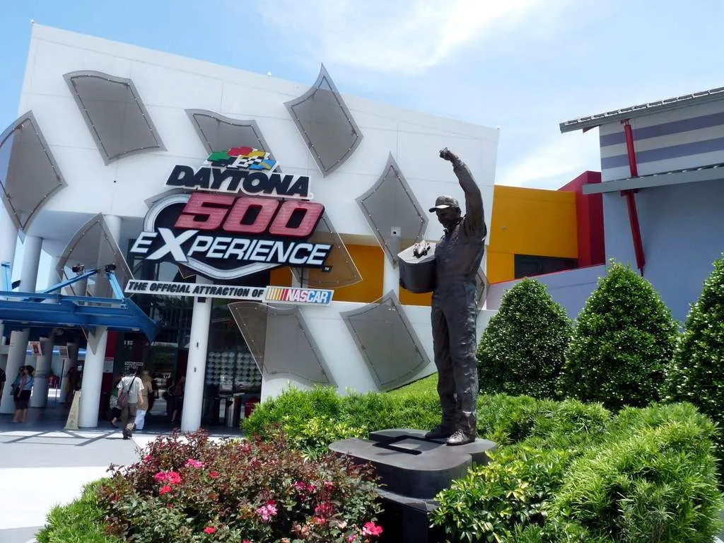 Daytona 500 Experience entrance with checkered facade and statue