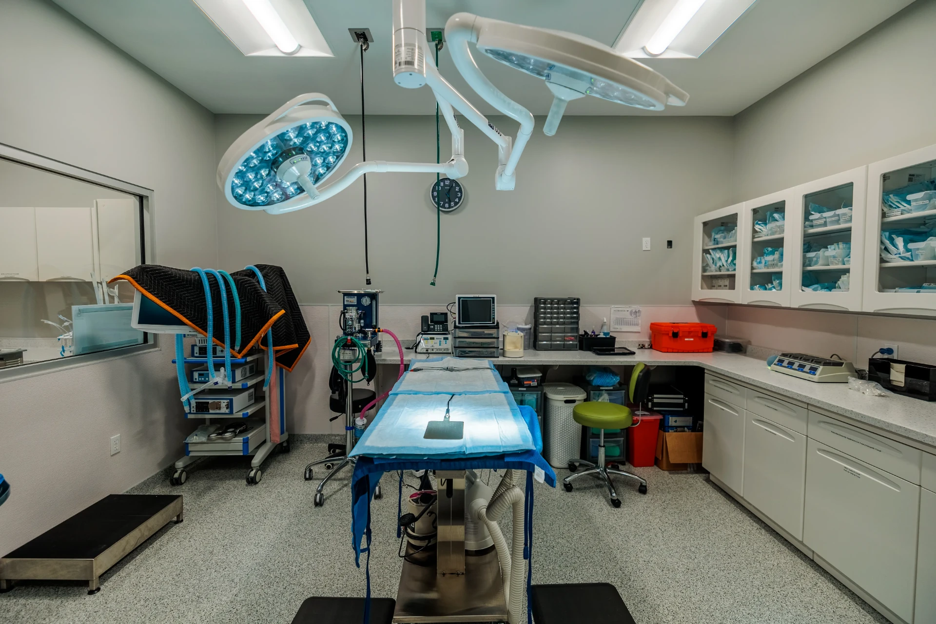 Surgical suite with overhead lighting at Allied Veterinary Specialists