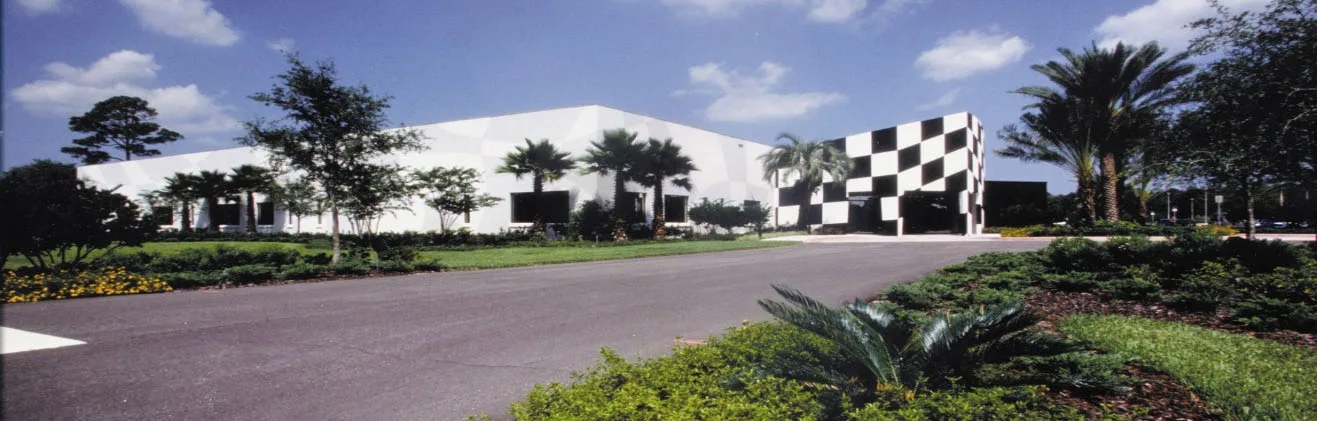 Checkered pylon entrance drive at Daytona International Speedway