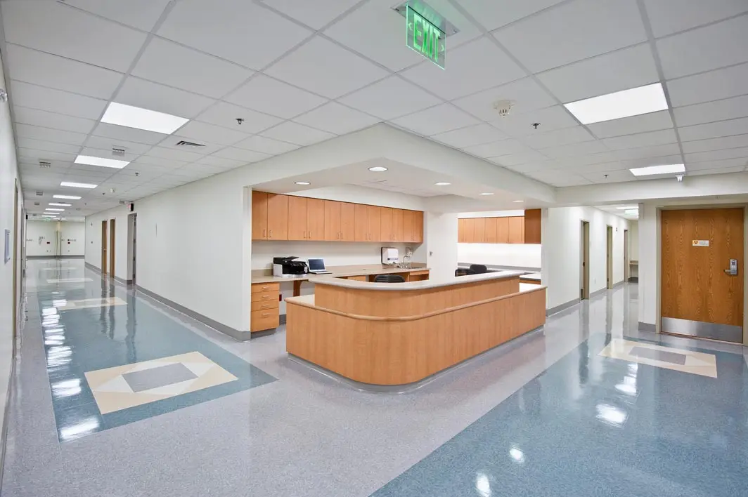Nurse station and corridor in the Halifax Health ICU