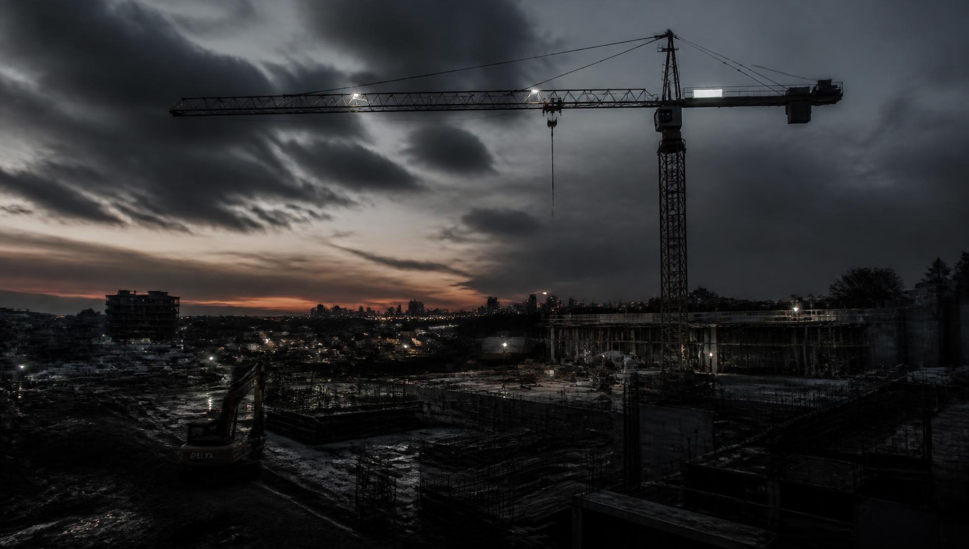 Large construction site at dusk
