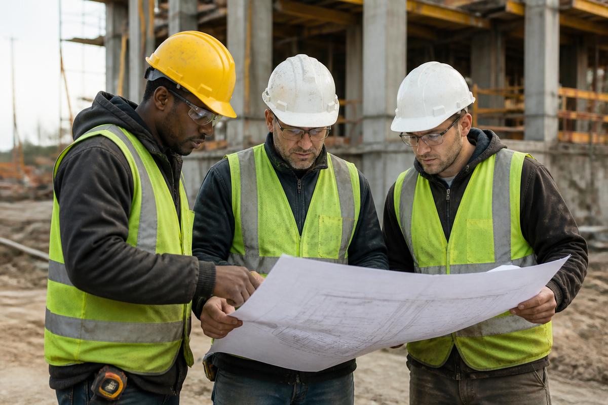 Crew reviewing construction drawings